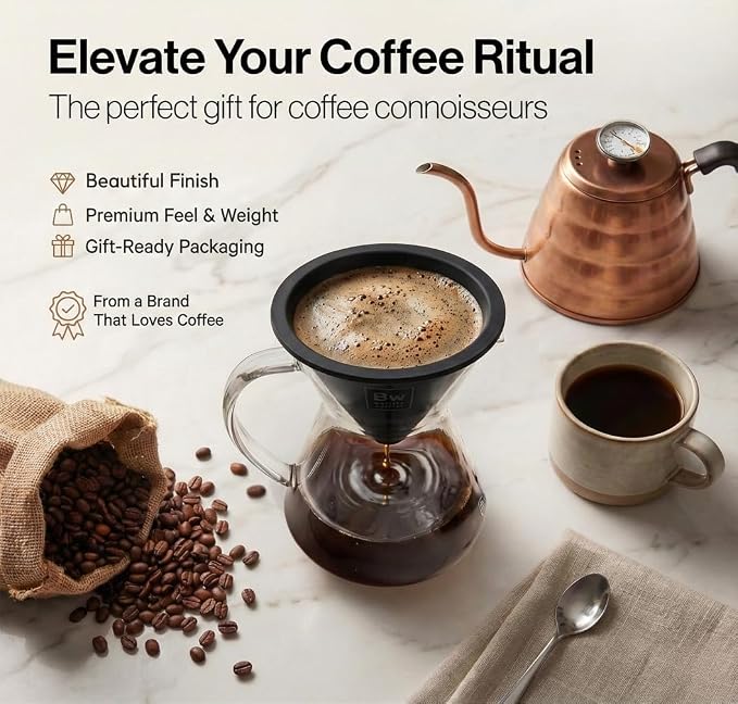 Barista Warrior Reusable Coffee Filter - Stainless Steel Pour Over Dripper, Compatible for Chemex, Hario V60 & Drippers, Easy to Clean Flavorful Brew Fine Mesh Coffee Filter - Black Titanium