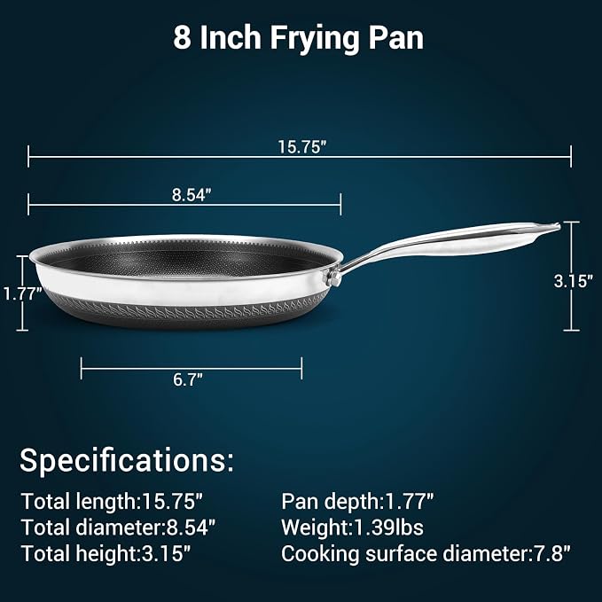 Tri-Ply Stainless Steel Hybrid Frying Pan Set,Ceramic Nonstick Skillet, Induction & Oven Safe 600°F, PFAS/PFOA Free Professional Clad Cookware,8+10+12Inch Set