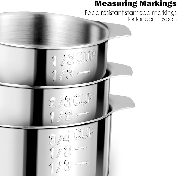 Measuring Cups Set, 7PCS Stainless Steel Engraved Markings Kitchen | 304 food-grade steel, dual-scale markings, one-piece construction, nesting storage, dishwasher safe, dry & liquid ingredients