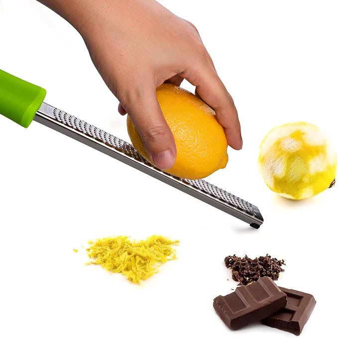 8-Inch Lemon Zester & Cheese Grater, 18/8 Stainless Steel, Green | Fine 18/8 Stainless Steel Blade for Citrus, Parmesan, Ginger and Garlic, Soft Non-slip Handle, Cover, Dishwasher Safe