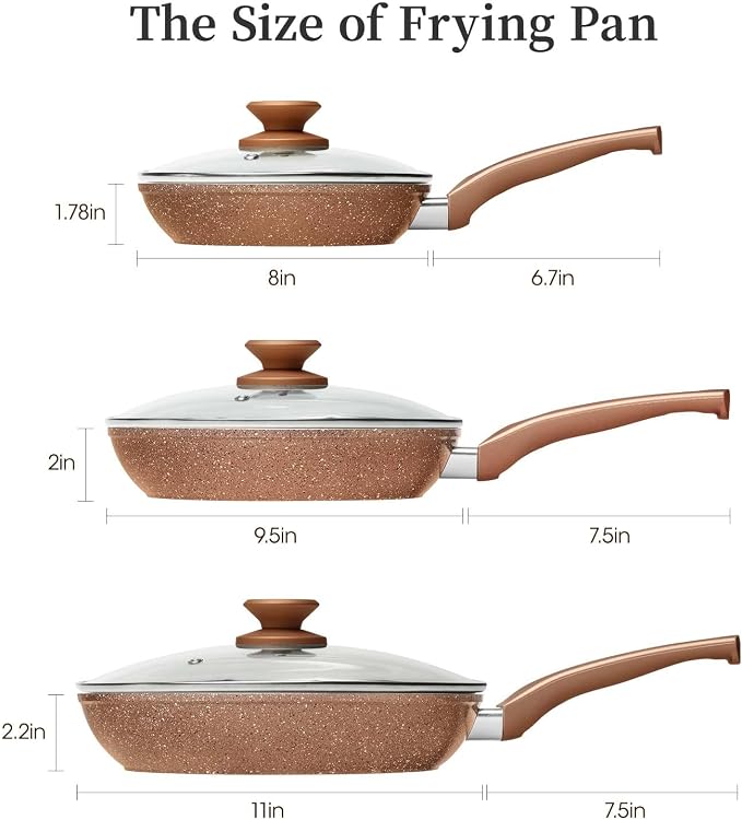 Innerwell Nonstick Ceramic Frying Pans Skillets Set with Lid 8"+9.5"+11" | No Toxic Egg Omelette Frying Pan Set, All Stove Compatible, Healthy Granite Induction Cooking Pan, PFOA & PFAS Free