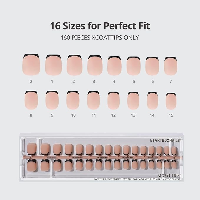 BTArtboxnails XCOATTIPS Black French Tip Press On Nails, XS Coffin, Peach | Lamp-Curable, 4-Week Wear, Natural Nail Look, Salon Quality Value at Home, Easy-to-Apply for Beginners, 160ct Nail Tips Only