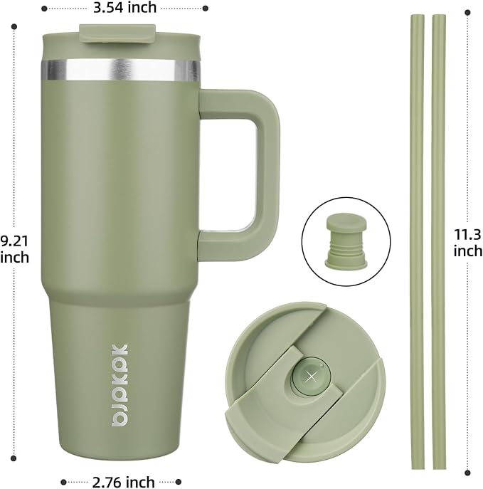 BJPKPK 30 oz Insulated Tumbler with Handle & Straw, Stainless Steel | Double Wall Vacuum Insulation, Leak Proof, BPA Free, Dishwasher Safe, Cupholder Friendly, Travel & Outdoor, Sage