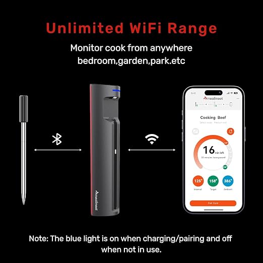 Wireless Meat Thermometer Digital with Remote App Monitoring | ±0.9℉ Accuracy Bluetooth Meat Thermometer, Wi-Fi Unlimited Range, DishWasher Safe, and App Alerts, for BBQ/Oven/Grill/Smoker
