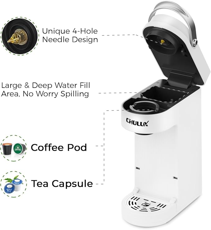 CHULUX Slim Single Serve Coffee Maker for K Pod, Brew Up to 12oz Cup, White | Fast-Heating Boiler Tech, 4-Hole Needle for Richer Flavor, Adjustable Drip Tray for 7.3" Travel Mug, Portable Compact Design