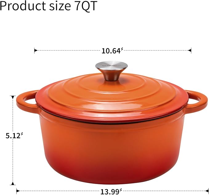 7-QT Enameled Cast Iron Round Dutch Oven With Lid,Oven safe,Orange | Large enameled cast iron Dutch oven,Retains moisture,PFAS-free,500°F,sourdough,braising/stews/roasting,Housewarming Gift