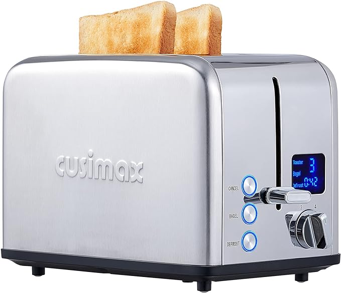 CUSIMAX 2 Slice Stainless Steel Toaster with Digital LED Display, Silver | 1.5" Wide Slots for Bagels & Thick Bread, Countdown Timer, 6 Browning Levels, Bagel/Defrost/Cancel, Removable Crumb Tray