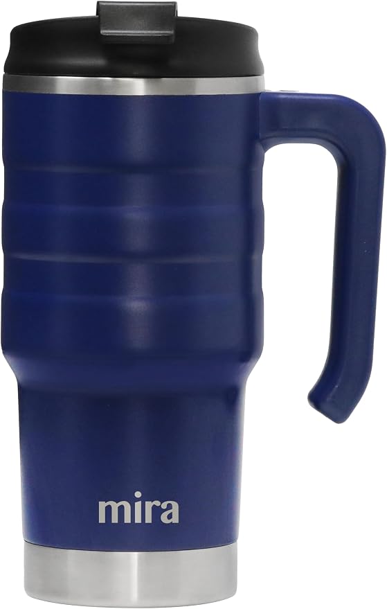 MIRA 20 oz Insulated Travel Mug - Stainless Steel Coffee Cup with Spill-Proof Flip Lid & Handle - Hot/Cold Car Tumbler - Marine