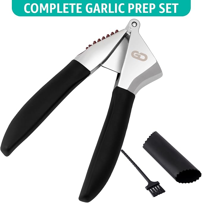 Garlic Press Set – Heavy Duty Garlic Crusher & Mincer | No Peel Required | Easy Squeeze & Clean | Ergonomic Handle | Ginger Press – Silicone Peeler & Cleaning Brush | Large Chamber Kitchen Tool
