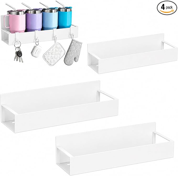 4 Pack Magnetic Cup Holder Heavy Duty, 12 Cup Capacity Water Bottle Organizer fit for Stanley Cup, Tumbler Storage Rack for Kitchen, Side of Fridge, Garage, Laundry Room, Cabinet, Pantry, RV - White