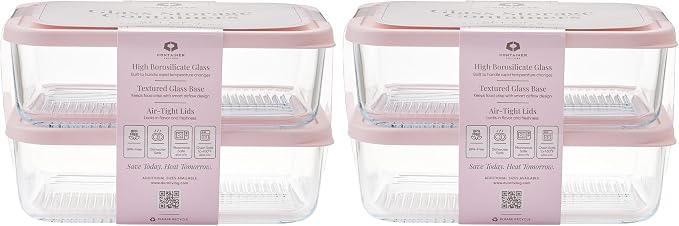 Glass Food Storage Containers with Lids — 8 Piece — 57.5 oz Glass with BPA-Free Leakproof Stackable Lids — Microwave, Oven & Dishwasher Safe — Ideal for Meal Prep & More - Berry Blush