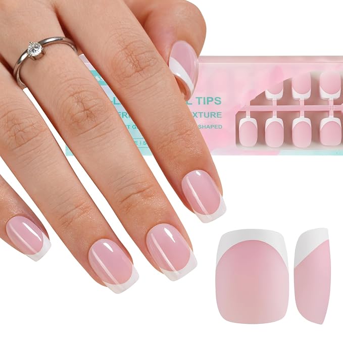 Misssix 150Pcs French Tip Press on Nails, Short Square Pink Gel Fake Nails | No Need to File 3 in 1 Tips Pre-lasting, Gel Fake Nails for Nail Art DIY 15 Sizes