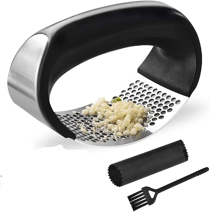 Garlic Press Rocker, Stainless Steel Garlic Crusher, Mincer and Chopper | Garlic Squeezer Easy Kitchen Gadget with Silicone Tube Garlic Peeler and Cleaning Brush Tool Set for Effortless Smashing