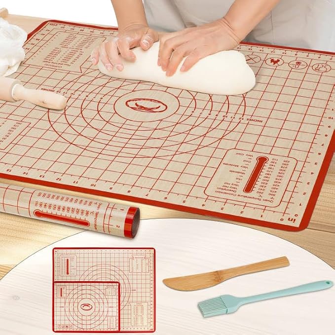 Silicone Baking Mat Set, 28x20 & 16x12 Inch, Red (2 Pack) | Food-grade silicone; non-stick, non-slip; dough kneading board; measurement markings