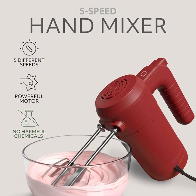 WILLOW Eco Series Electric Hand Mixer, 5 Speed Ultra Power Handheld Mixer with Stainless Steel Whisks, Beaters & Dough Hooks + Eject Button, 350W Kitchen Mixer with Snap-On Storage Case - BURGUNDY