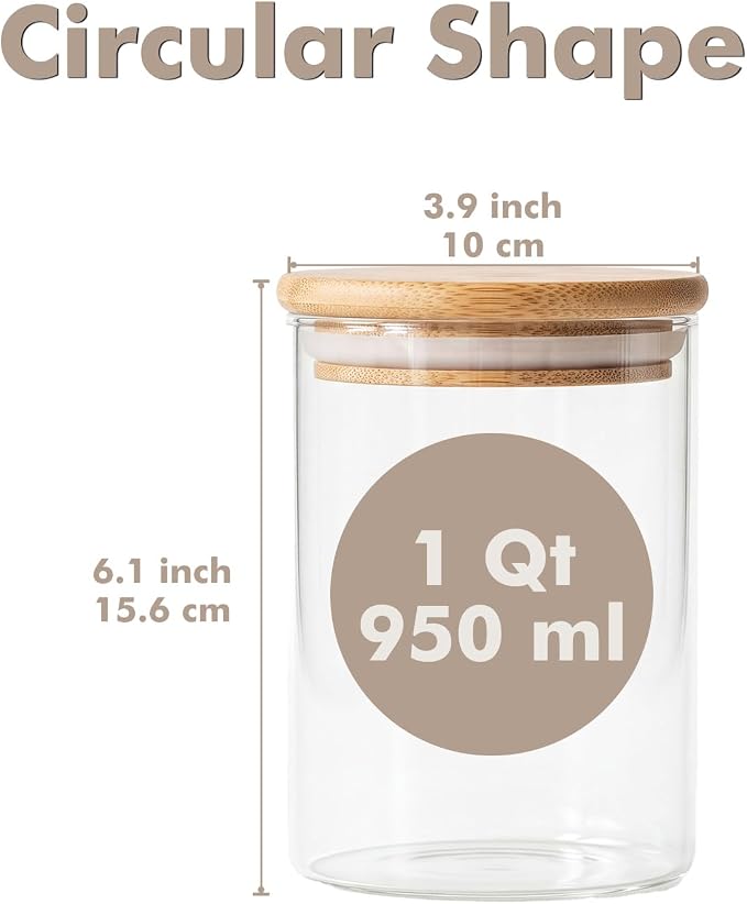 6-Pack 1Qt Round Glass Storage Jars with Bamboo Lids | Minimalist Kitchen Organizer,Pantry Storage Container,Food Storage Container,Scandinavian Style Storage,Nordic Style Storage
