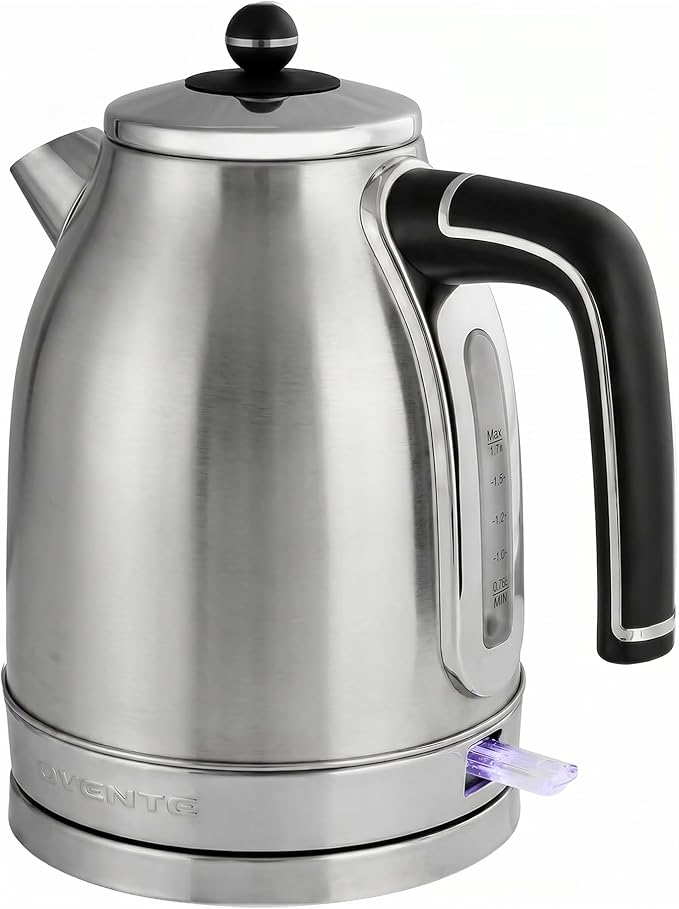 OVENTE 1.7L Stainless Steel Electric Kettle, 1500W Power, Silver KS777S | Fast Boiling Heater, BPA Free, Cordless Body Design, Auto Shut-Off, Boil-Dry Protection, Indicator Light and Removable Filter