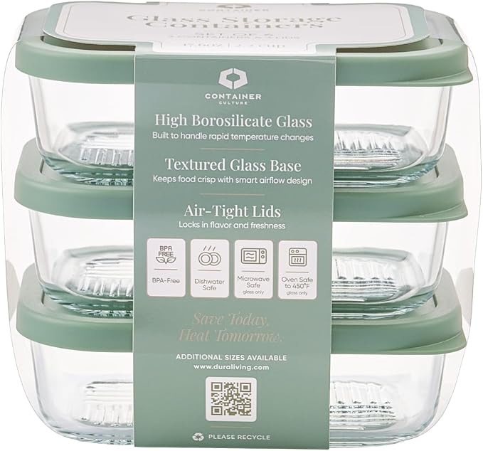 Glass Food Storage Containers with Lids — 6 Piece — 17.6 oz Glass with BPA-Free Leakproof Stackable Lids — Microwave, Oven & Dishwasher Safe — Ideal for Meal Prep & More - Soft Sage