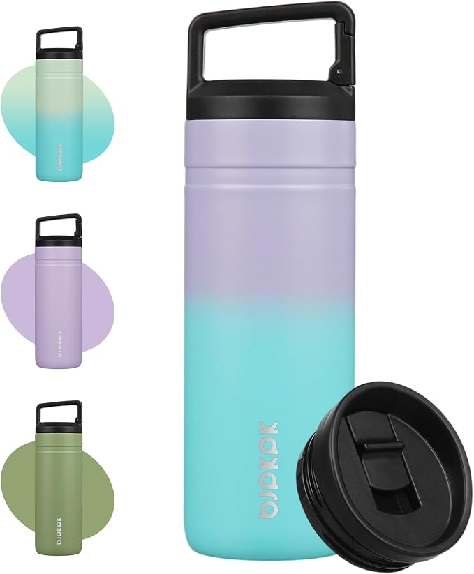 BJPKPK 20 oz Insulated Travel Water Bottle, Coffee Tumbler Stainless Steel | Double Wall Vacuum, Leakproof, Thermal, Keeps Hot/Cold, Dishwasher Safe, Spill Proof, Wide Mouth, 2 Lids, Lavender Green