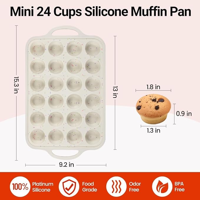 CAKETIME Mini Muffin Pan, Metal Reinforced Frame Mini Cupcake Pans 24 Cups Nonstick Muffin Silicone Molds with Handle for Baking Muffins, Cupcakes, Egg Bites 2 Pack