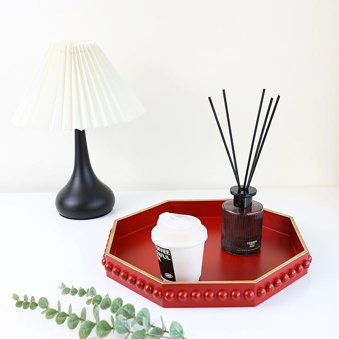 Red Serving Tray for Coffee Table, Octagonal Beaded Plastic Decorative Tray for Ottoman, Kitchen Counter, Living Room, Outdoor Lacquer Tray for Entertaining
