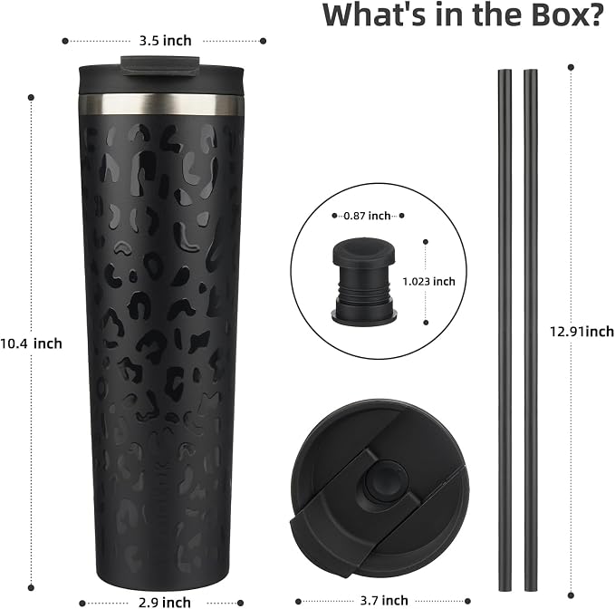 BJPKPK 34oz Coffee Tumbler with Straw, Insulated Stainless Steel Cup | Double Wall Vacuum, Leak Proof Lid, Keeps Hot/Cold/Iced, BPA Free, Travel & Outdoor, Black Leopard