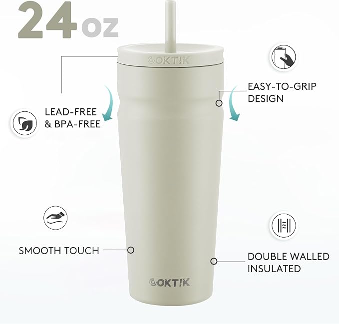 COKTIK 24oz Insulated Tumbler with Lid and Straw Iced Coffee Cup Reusable Stainless Steel Travel Mug Water Bottle Cupholder Friendly for Women Men Her Him (Almond Birch)
