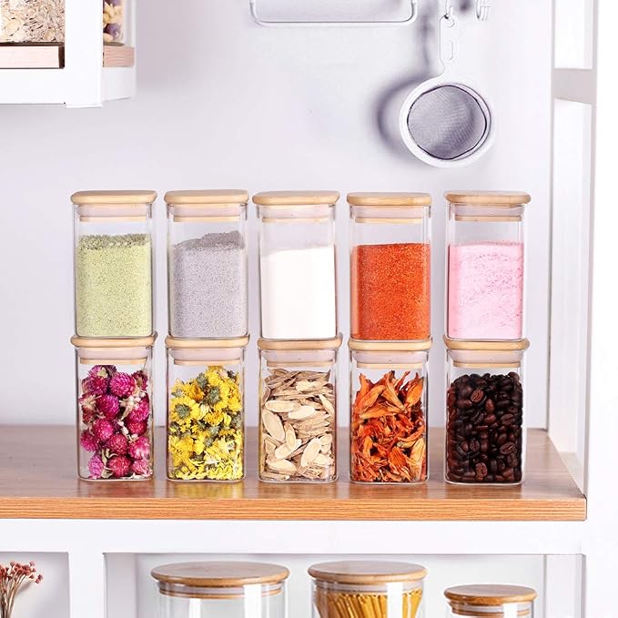 Tzerotone 10 Pcs Glass Spice Jars - 8oz Empty Square Spice Storage Containers With Bamboo Airtight Lid and Labels - Thicken Small Glass canister for Kitchen Seasoning,Coffee Bean,Tea,Suger,Herbs