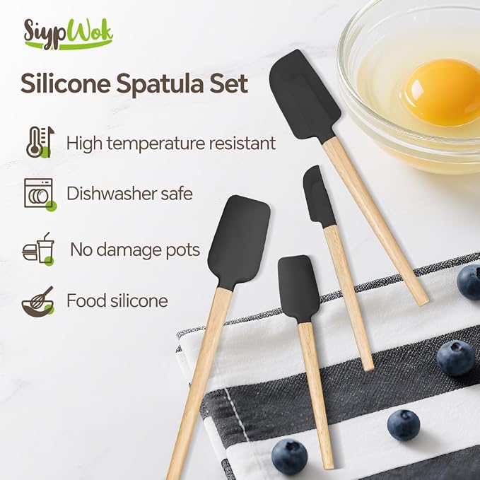 Silicone Spatula Set, Food Grade Rubber Spatula-4 Piece Nonstick Rubber Spatulas, Spoonula, Jar Scraper for Cooking, Baking, Mixing, Frosting - Heat Resistant Up to 600°F (4 Pcs Spatula Black)