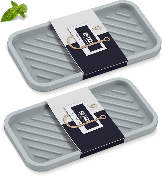 Kitchen Sink Organizer Tray,Sponge Holder for Kitchen Sink Bathroom（Grey） | Counter Tray Sponge Caddy Silicone Soap Holder for Soap Dispenser, Bottle, Dishwashing Accessories(2-Pack)