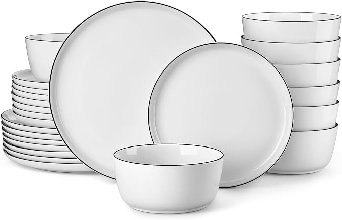 MALACASA 24-Piece Dinnerware Set for 8, White Black-Rim Porcelain Dishes | High-Fired Porcelain, Chip and Scratch Resistant, Microwave and Dishwasher Safe, Dinner, Salad Plates and Cereal Bowls
