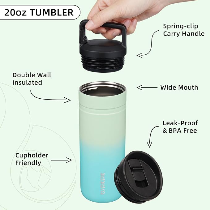 BJPKPK 20 oz Insulated Travel Water Bottle, Coffee Tumbler Stainless Steel | Double Wall Vacuum, Leakproof, Thermal, Keeps Hot/Cold, BPA Free, Dishwasher Safe, Spill Proof, Wide Mouth, 2 Lids, Mint