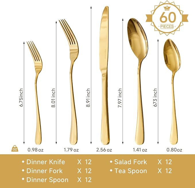 18/10 Stainless Steel Gold Silverware Set for 12 | 60 Piece Heavy Duty Flatware Utensils Set | Mirror Polished | Dishwasher Safe | Premium Cutlery for Home Kitchen Wedding
