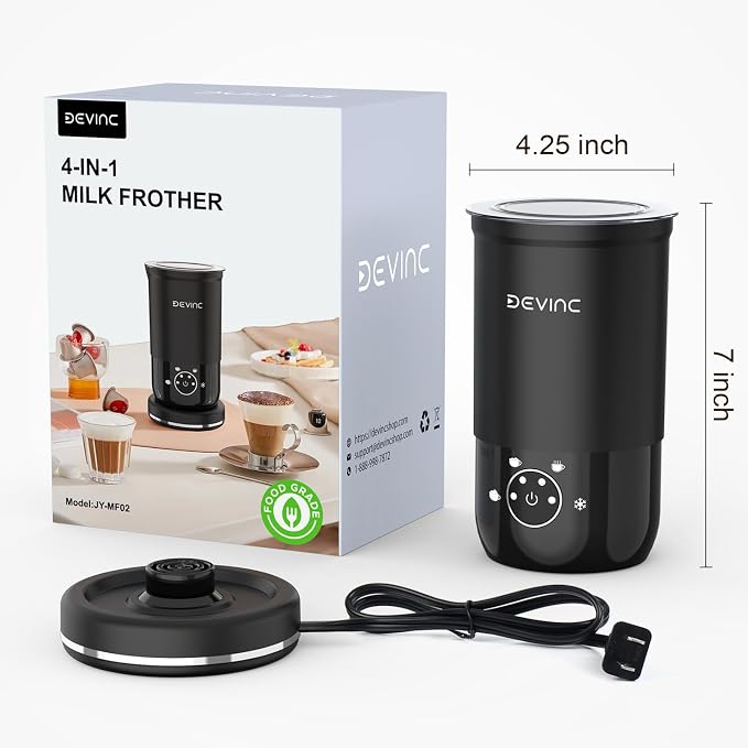 Milk Frother, 4-in-1 Milk Frother and Steamer, Hot and Cold Foam Maker and Milk Warmer with Auto Shut-Off, Electric Frother for Coffee, Latte, Cappuccino, Matcha