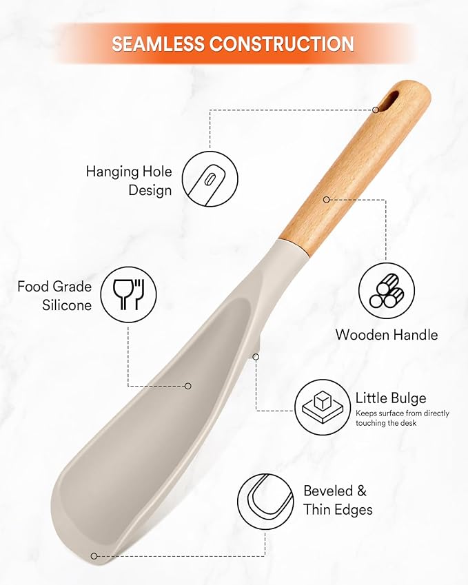 Cooking Spoon and Rice Scooper for Nonstick Cookware,Multi-function | Great for Cooking and Serving, Sturdy BPA-Free Matte Silicone, Wood Handle Spoon for Mixing, Scoop, and Scrape,9.3"+14.3"