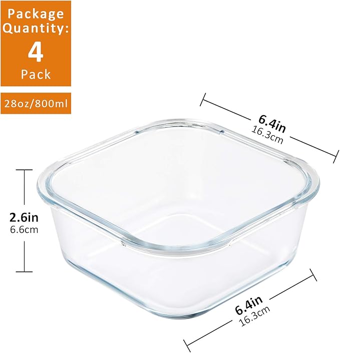 YEBODA Square Glass Containers with Lids for Food Storage, 28 oz, 4 Pack | Borosilicate glass meal prep set with 4-lock lids for sandwiches, lunches, leftovers, refrigerator and freezer storage
