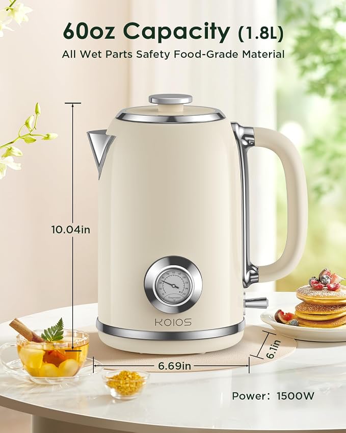 Electric Kettle 1.8L with Temperature Gauge, 1500W Fast Boiling Electric Tea Kettle, 100% Stainless Steel Retro-Style Hot Water Kettle Electric - Glowing LED Light, Auto Shut-Off & Boil-Dry Protection