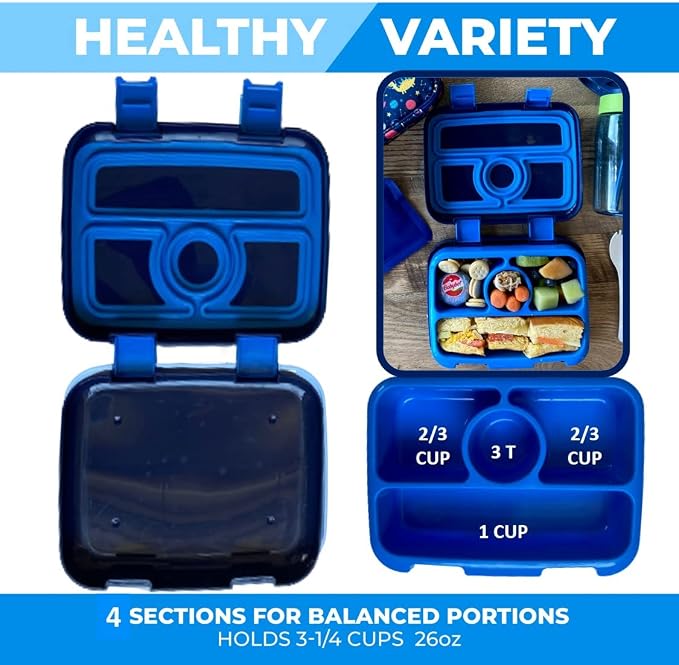 kinsho kids Bento Lunch Box Set with Thermo Bag & Ice Pack, Blue Space Dino | 4 Compartments, Removable Tray, Small Meal Dinosaur Snack Container for Boys Toddlers, Daycare & Pre-School, Steel Food Jar
