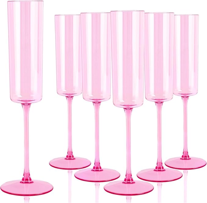 YOUBET 24Pack Pink Plastic Champagne Flutes 6 oz | Clear Pink Champagne Disposable Glasses - Square Plastic Toasting Glasses for Anniversary Party Birthday Wedding