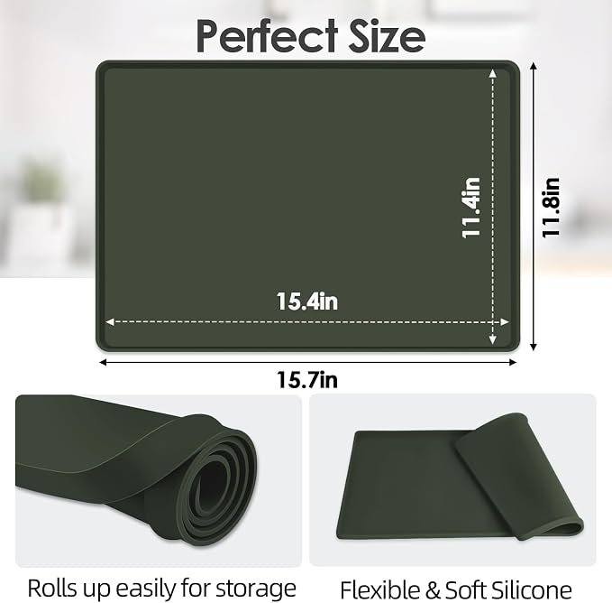 Silicone Coffee Maker Mat with Lip for Countertops, 15.7''x11.8'', Green | Multi leak-proof coffee tray for countertop, non-slip silicone mat fits most coffee makers & espresso machines, wipe-clean