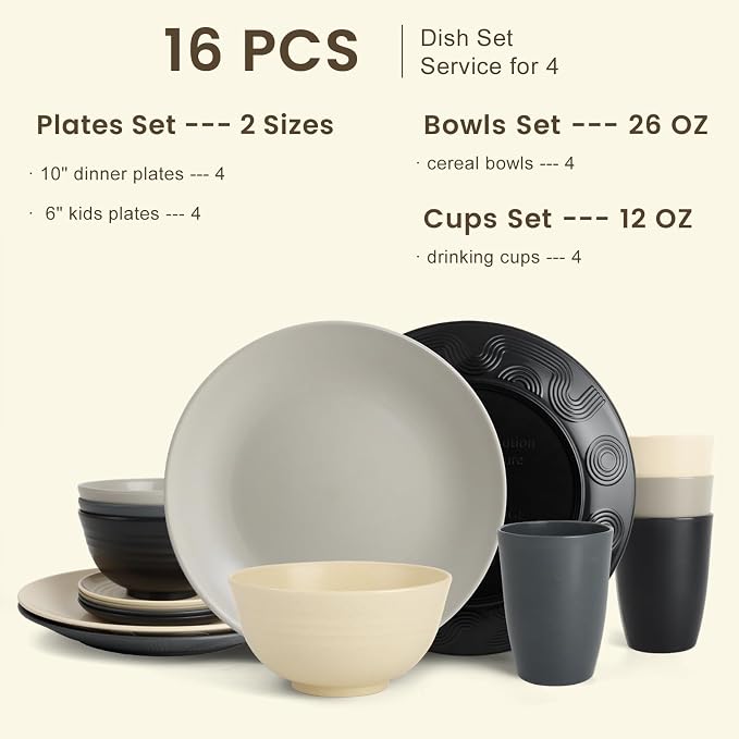 Wheat Straw Dinnerware Set - Dinner Plates, Cereal Bowls, Drinking Cups Set, Unbreakable 16 PCS Dish Set, Microwave and Dishwasher Safe Dishes for Home, Outdoor - Grey Stone