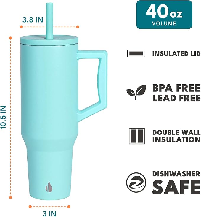 Elemental Spill Proof 40oz Insulated Tumbler with Handle & Straw Travel Mug | Stainless Steel Commuter Travel Coffee Mug for Cold Beverages, Includes 2 Straws & a Spill Proof Lid for Everyday Use