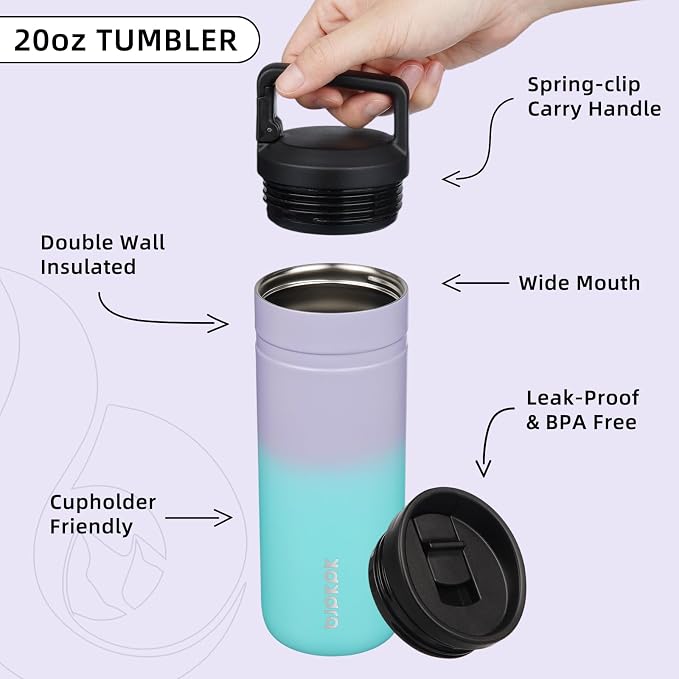 BJPKPK 20 oz Insulated Travel Water Bottle, Coffee Tumbler Stainless Steel | Double Wall Vacuum, Leakproof, Thermal, Keeps Hot/Cold, Dishwasher Safe, Spill Proof, Wide Mouth, 2 Lids, Lavender Green