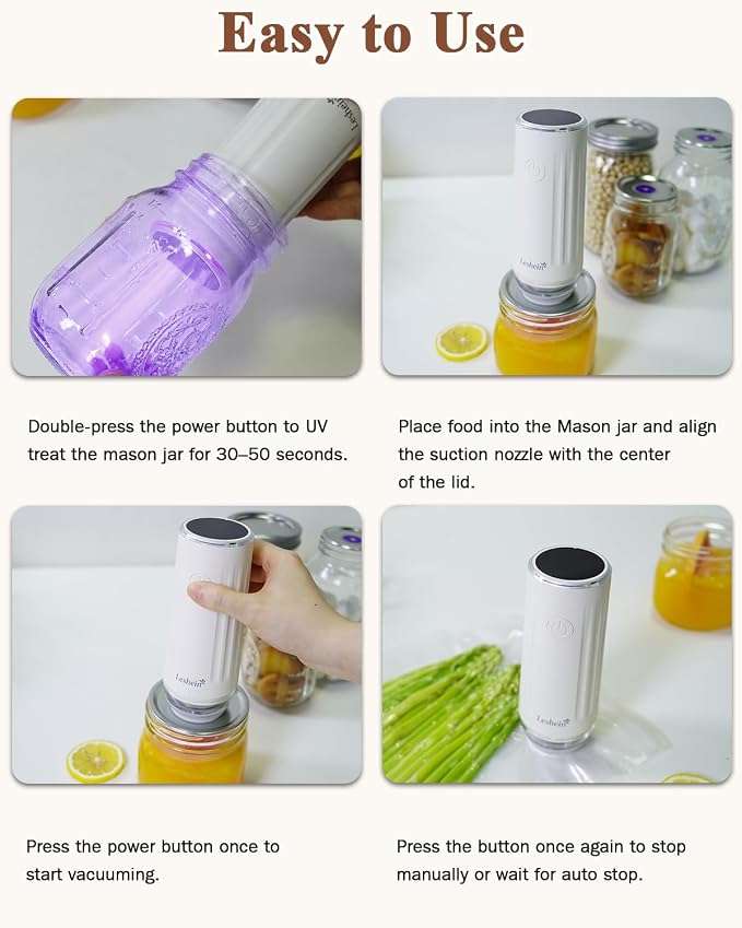 Leshein Compact Vacuum Sealer for Food, Portable Mason Jar Vacuum Sealer | With Bags And Mason Lids, Built-in UV Light, Auto Stop, Quick Sealing Speed, Smart Display, Easy to Clean, Long Lasting
