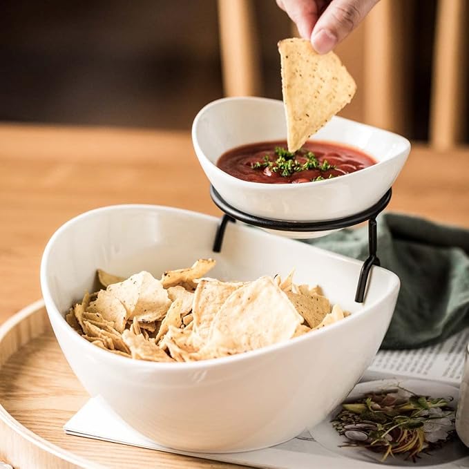 YHOSSEUN Chip and Dip Serving Set, Tiered Serving Bowl Chip Bowls for Party | 2 Tier Serving Stand Ceramic Appetizer Serving Food Display Stand, Chip and Dip Serving Dishes for Entertaining Food Service
