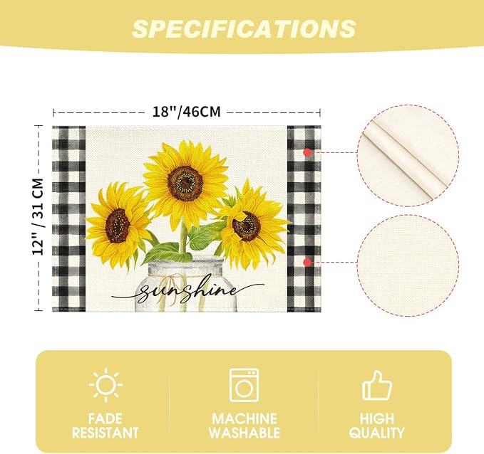 Artoid Mode Buffalo Plaid Sunflower Sunshine Vase Summer Placemats Set of 4, 12x18 Inch Spring Table Mats for Party Kitchen Dining Decoration