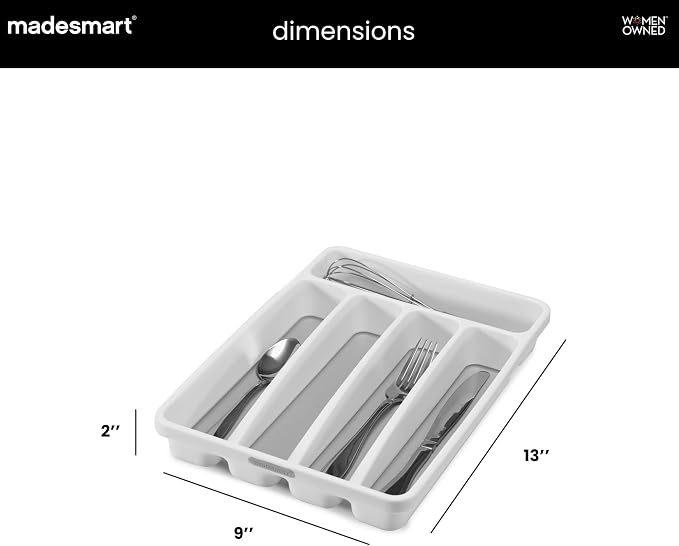 madesmart Classic 5 Compartment Compact Silverware Tray, White | non slip feet, rounded corners, branded icons, soft grip lining, forks knives spoons, flatware sorting, woman owned