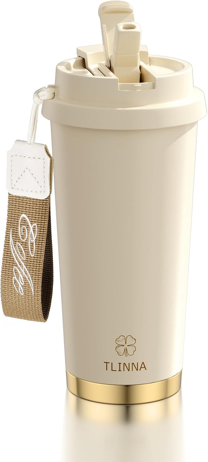 [2-IN-1 LID] Travel Mug,Coffe mug,Coffe cup,Ceramic coating Lined,316 Stainless Steel,BPA Free,Vacuum Insulated Tumbler for Water, Iced Tea or Coffee, Smoothie and More (White, 18 Ounces)