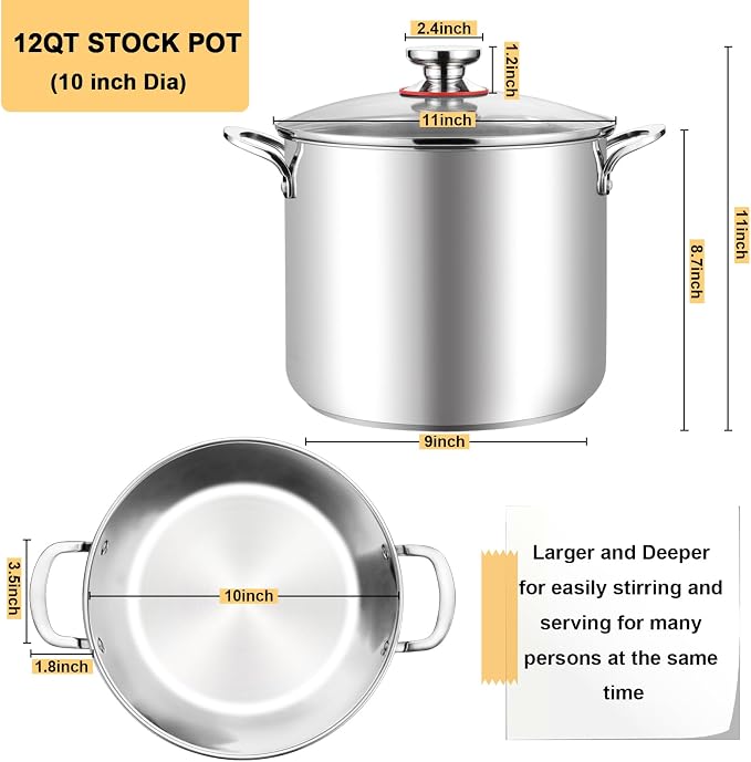 TeamFar 12 Quart Stock Pot, 18/10 Stainless Steel Large Cooking Soup Pot | Pasta Pot with Lid for Simmering/Stewing, for Induction/Gas/Ceramic, Healthy & Heavy-Duty, Riveted Handles & Dishwasher Safe