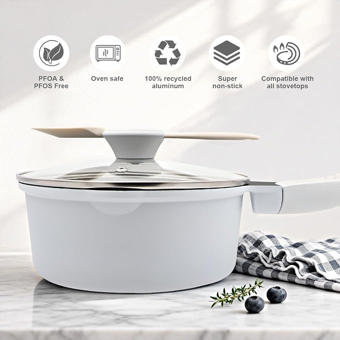 1.5 Quart Sauce Pan with Lid, Small Cooking Pot, White | Nonstick Saucepan with Pour Spout, Detachable Handle, Compatible with All Cooktops, Oven Safe, PFOA PFAS PTFE Free